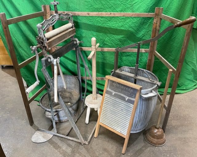 THB9122 mangle / ringer (16 rolls) british made on galvanised angled stand  with dish attached • Trevor Howsam Limited (Boston)